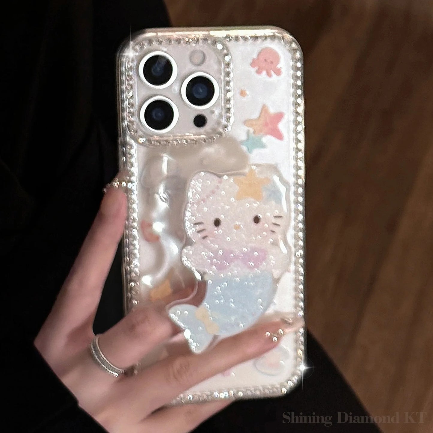 Summer Marine Mermaid Hello Kitty Glitter Bracket Phone Case For iPhone