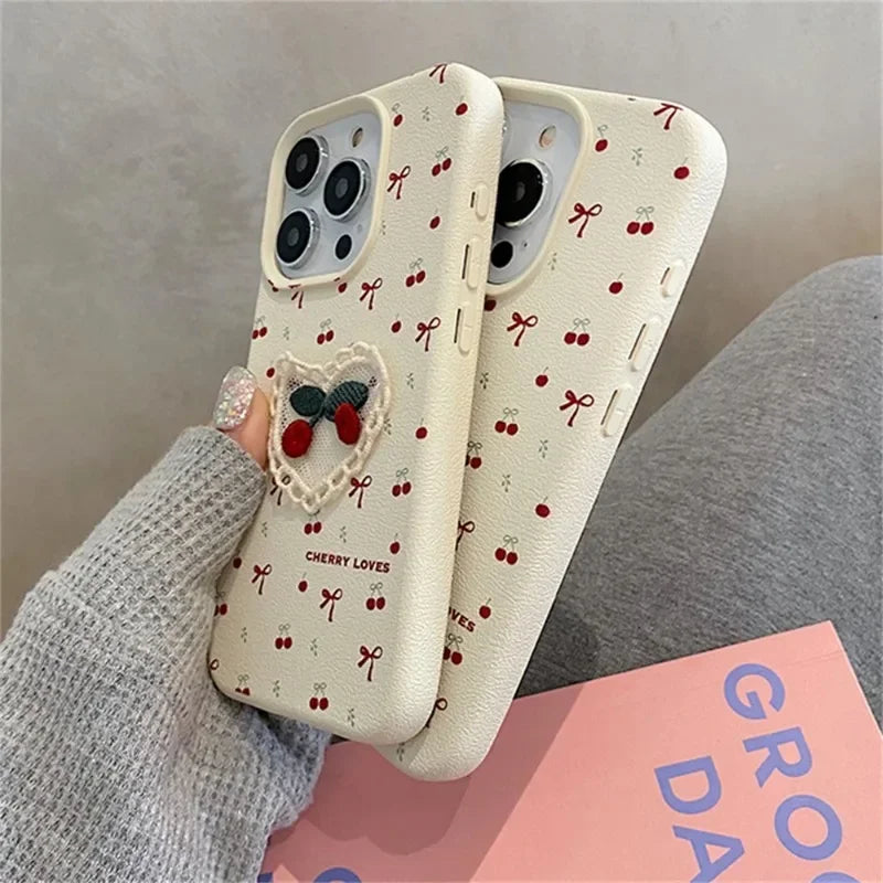 Cute 3D Embroidery Cherry Case Bowknot
