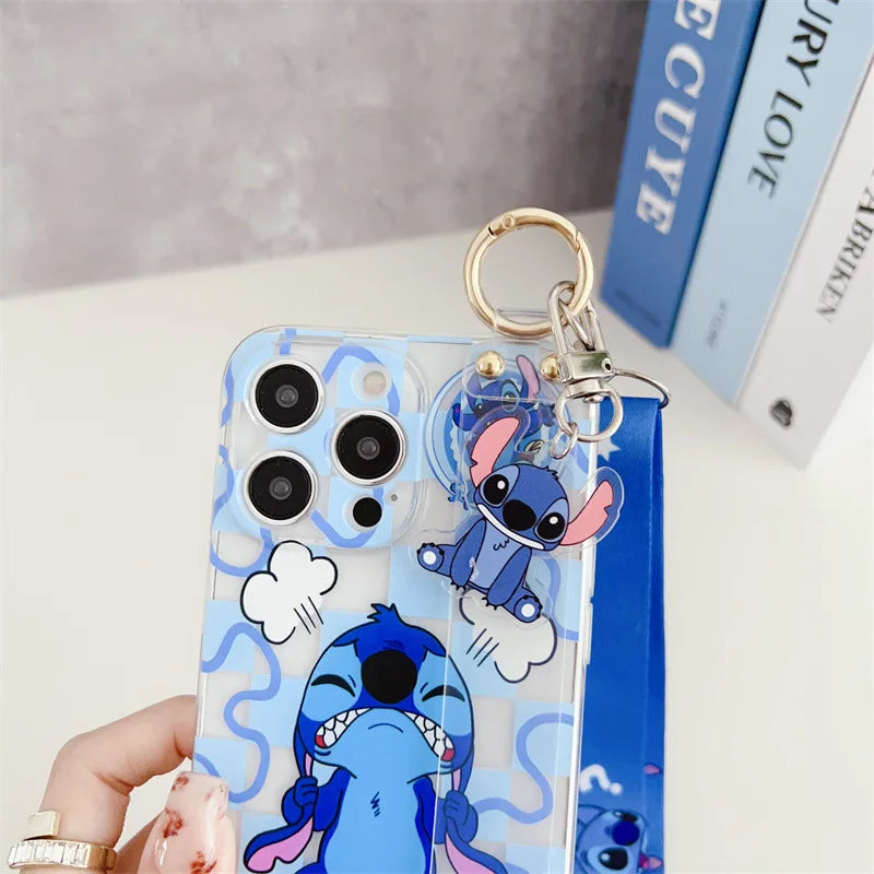Cute Cartoon Stitch Couple Phone Case With Clear Strap Lanyard For iPhone