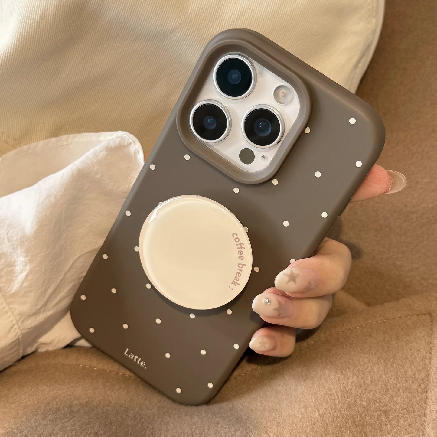 Korean Brown Full Screen Polka Dot With Round Bracket Soft Phone Case For iPhone