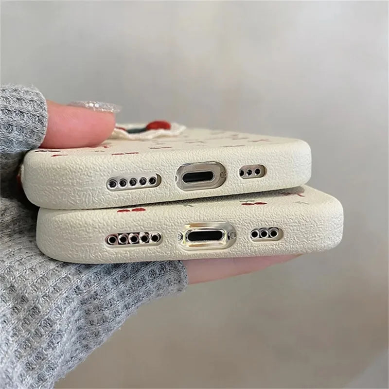Cute 3D Embroidery Cherry Case Bowknot