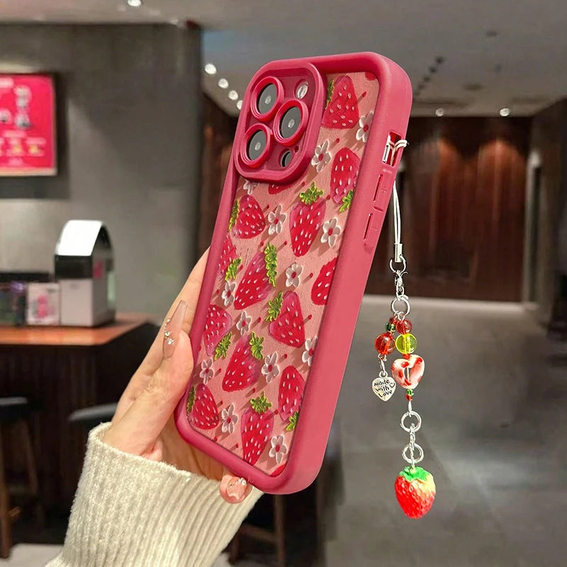 Flower Strawberry Painting Pendant Chain Phone Case For iPhone