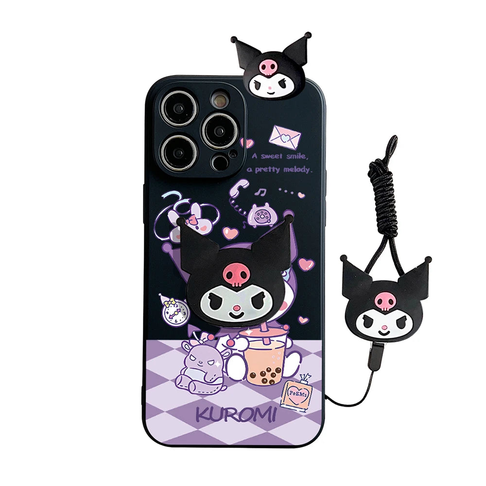 Cartoon Kuromi Head Case With Holder Rope Phone Case