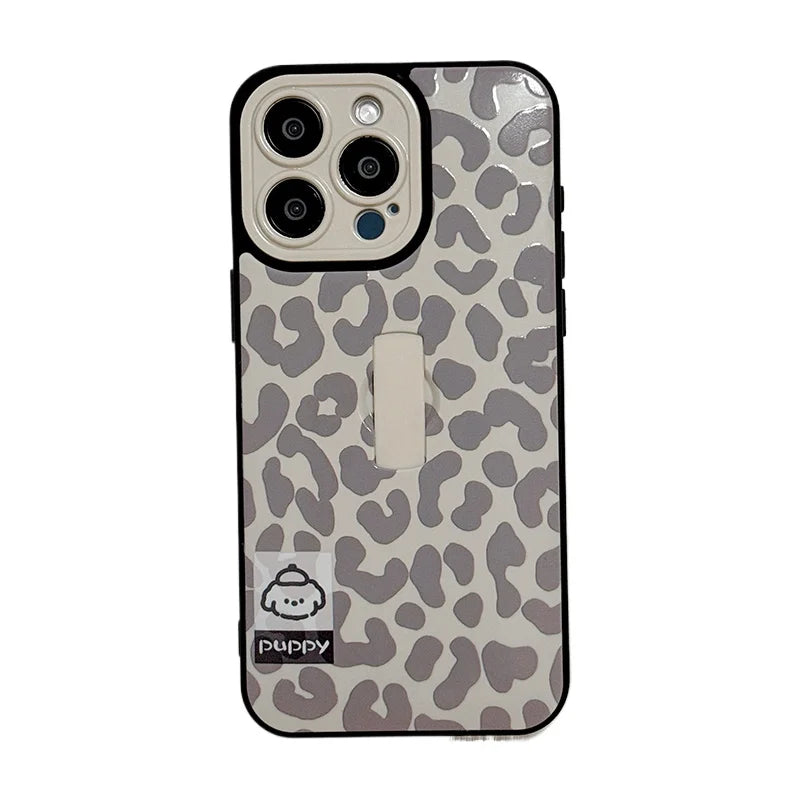 Cute Puppy Dog Stylish Leopard Print Ring Holder Stand Phone Case