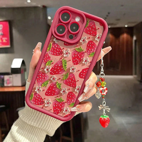 Flower Strawberry Painting Pendant Chain Phone Case For iPhone