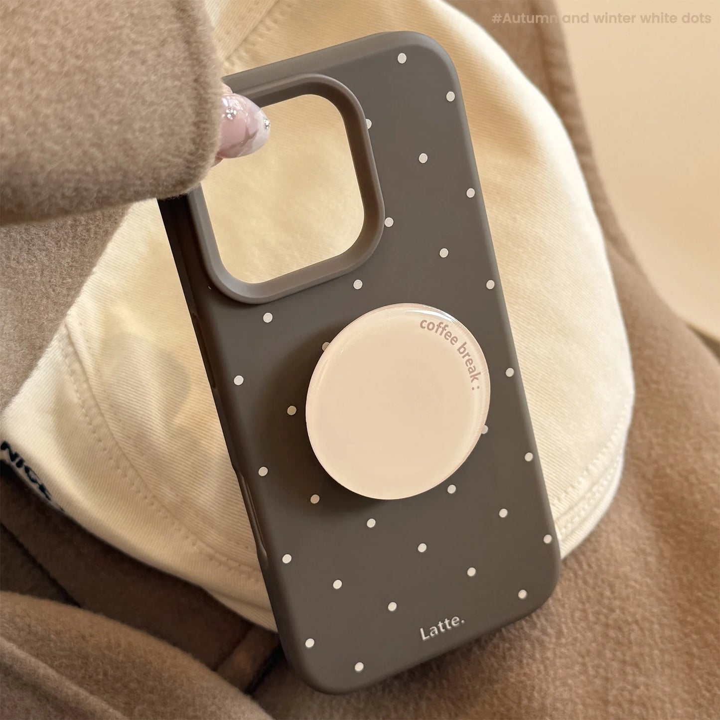 Korean Brown Full Screen Polka Dot With Round Bracket Soft Phone Case For iPhone