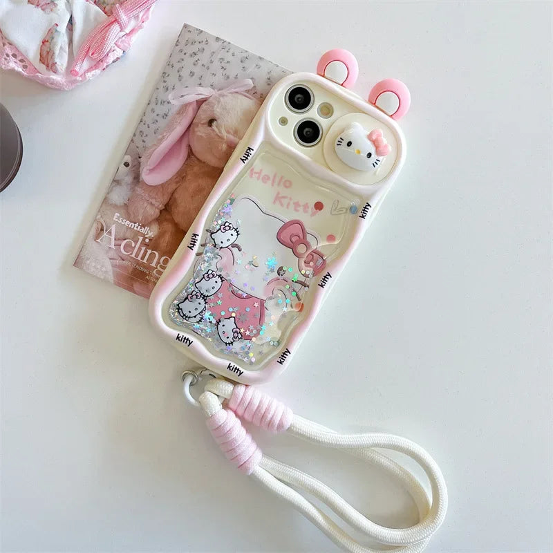 Kawaii Cartoon 3D Ears Quicksand Hello Kitty With Wrist Strap Phone Case For iPhone