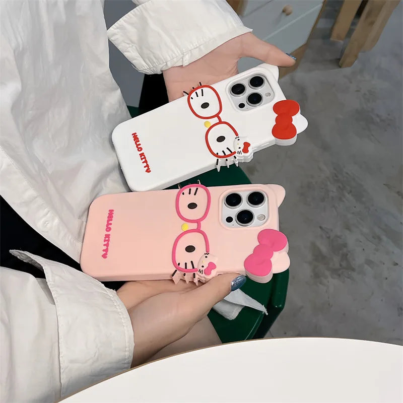 Kawaii Cartoon Glasses Bowknot Hello Kitty Phone Case For iPhone