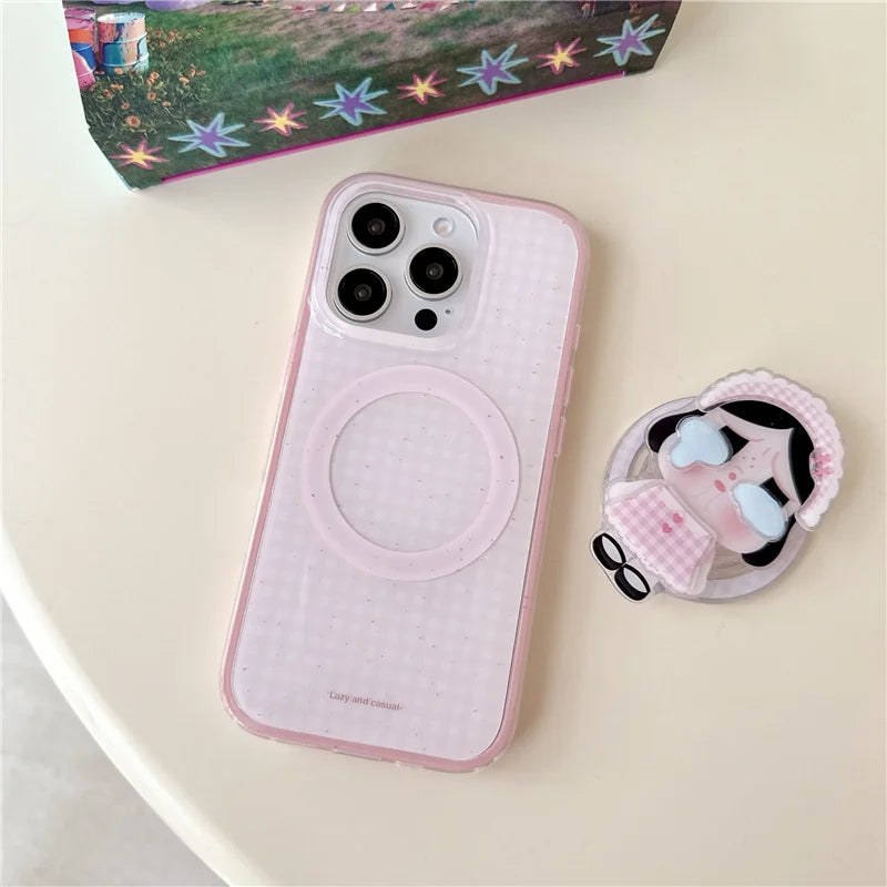 Korean Pink Cute Plaid Pattern Magnetic Phone Case For iPhone
