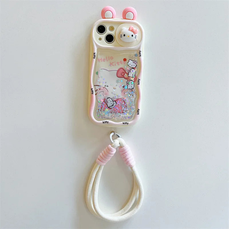 Kawaii Cartoon 3D Ears Quicksand Hello Kitty With Wrist Strap Phone Case For iPhone