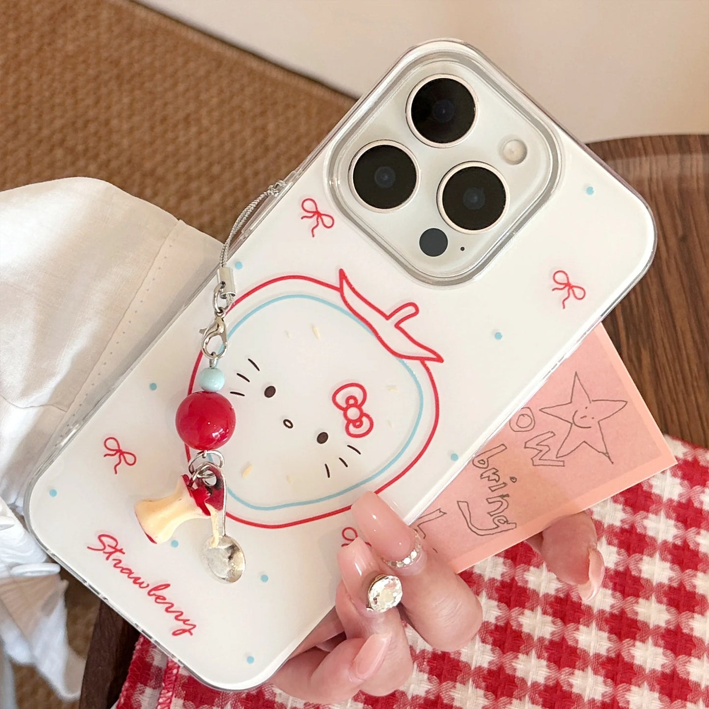 Cute Hello Kitty Strawberry Phone Case With Pendant For iPhone