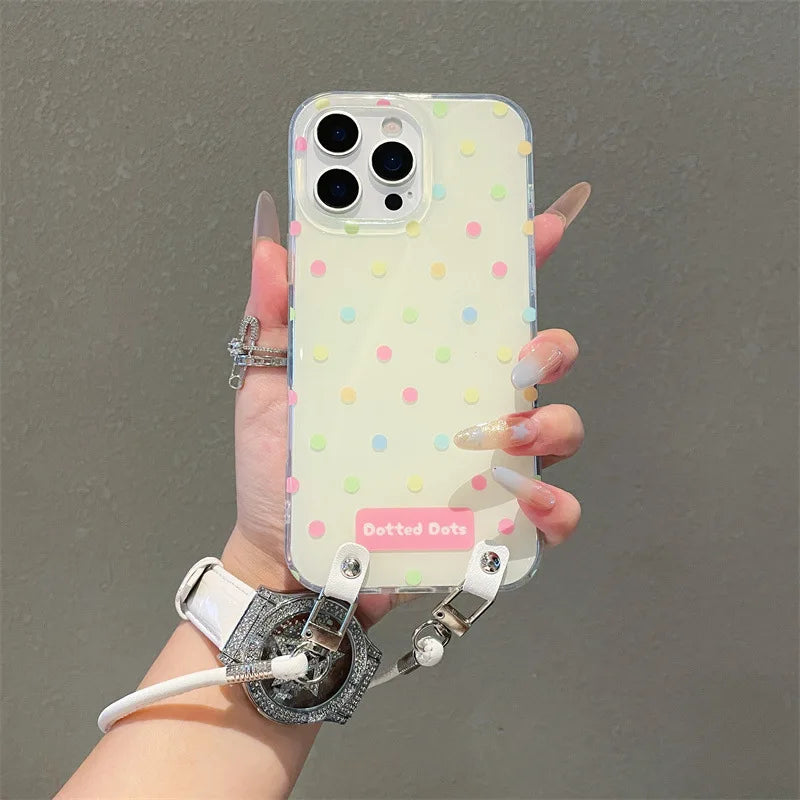 Fashion Colorful Polka Dot Phone Case With Wrist Stra For iPhone