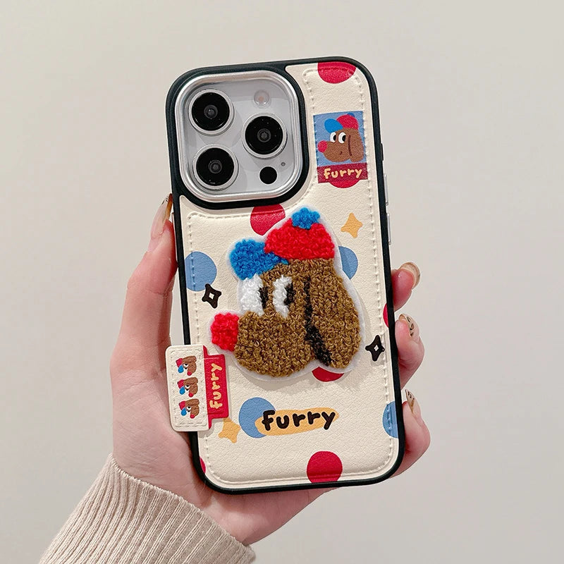 Cute Cartoon Embroidery Bear Dog Leather Phone Case