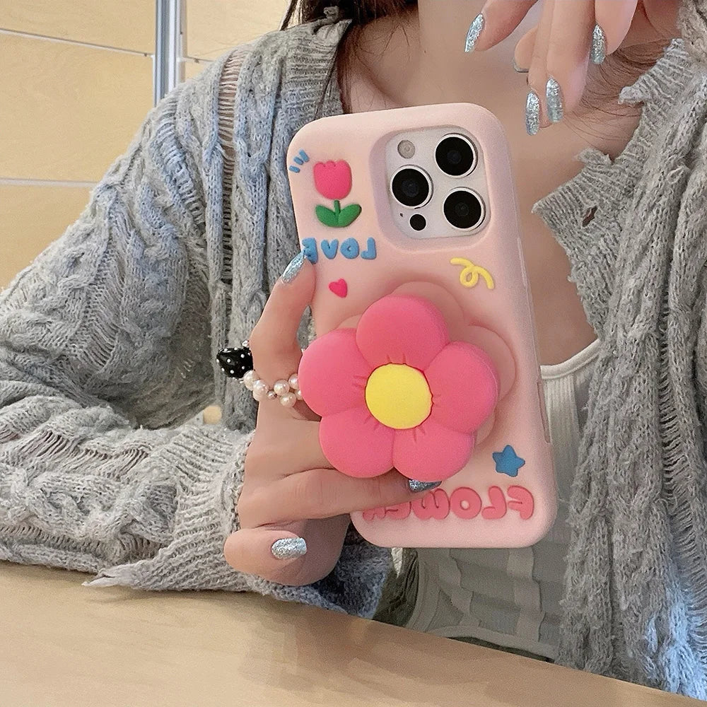 Cute 3D Floral Bracket Soft Silicone Case Flower Stand Holder Cover for iPhone