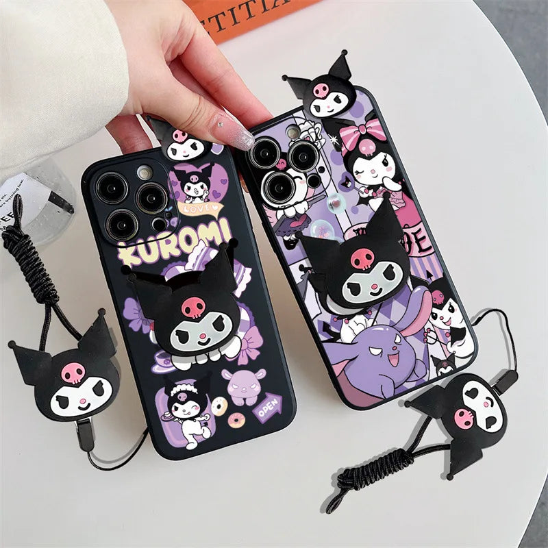 Kawaii 3D Cute Cartoon Kuromi Holder Rope Soft Phone Case For iPhone