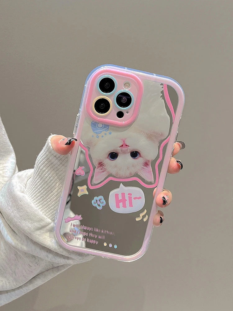 Lovely White Cat Makeup Mirror Case For iPhone
