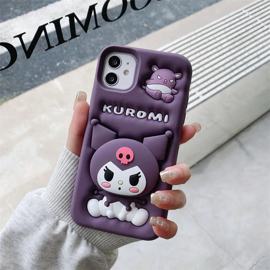 Kawaii 3D Cartoon Kuromi Telescopic Bracket Phone Case For iPhone