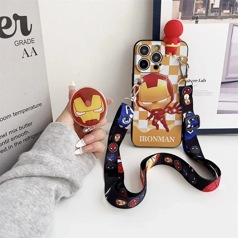 Cartoon 3D Spiderman Plaid Phone Case With Holder Lanyard For iPhone