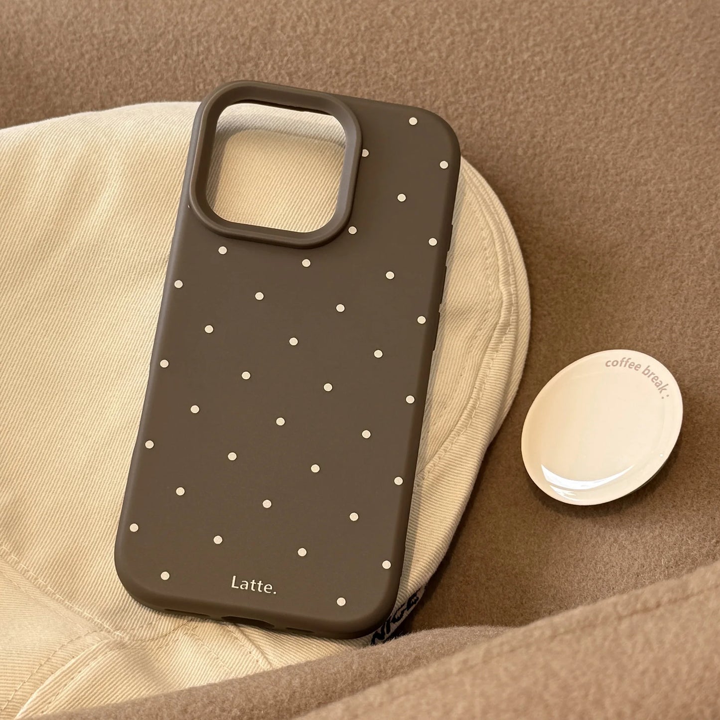 Korean Brown Full Screen Polka Dot With Round Bracket Soft Phone Case For iPhone