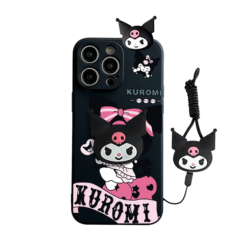 Cartoon Kuromi Head Case With Holder Rope Phone Case