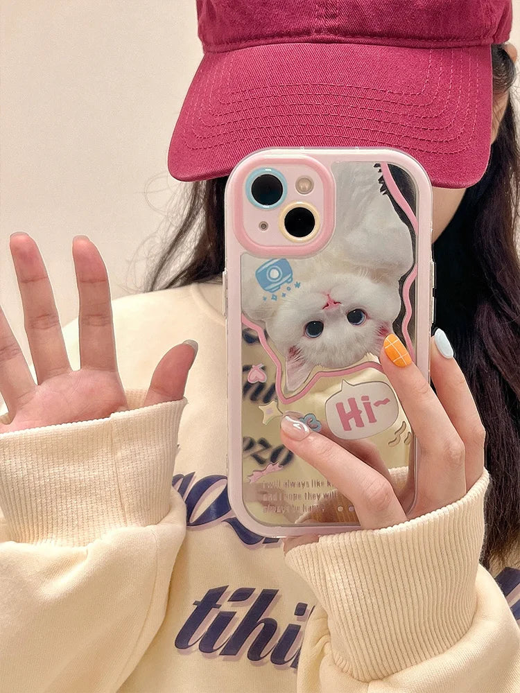 Lovely White Cat Makeup Mirror Case For iPhone