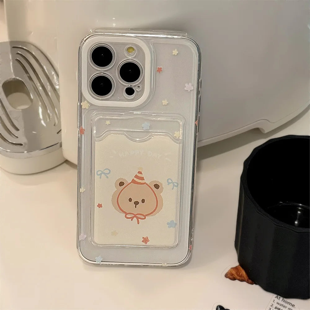 Korean Cute Cartoon Bear Card Wallet Phone Case With Bracket For iPhone