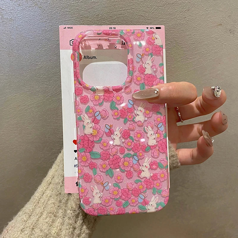 Stylish Colorful Flowers Cute Rabbit Glitter Phone Case