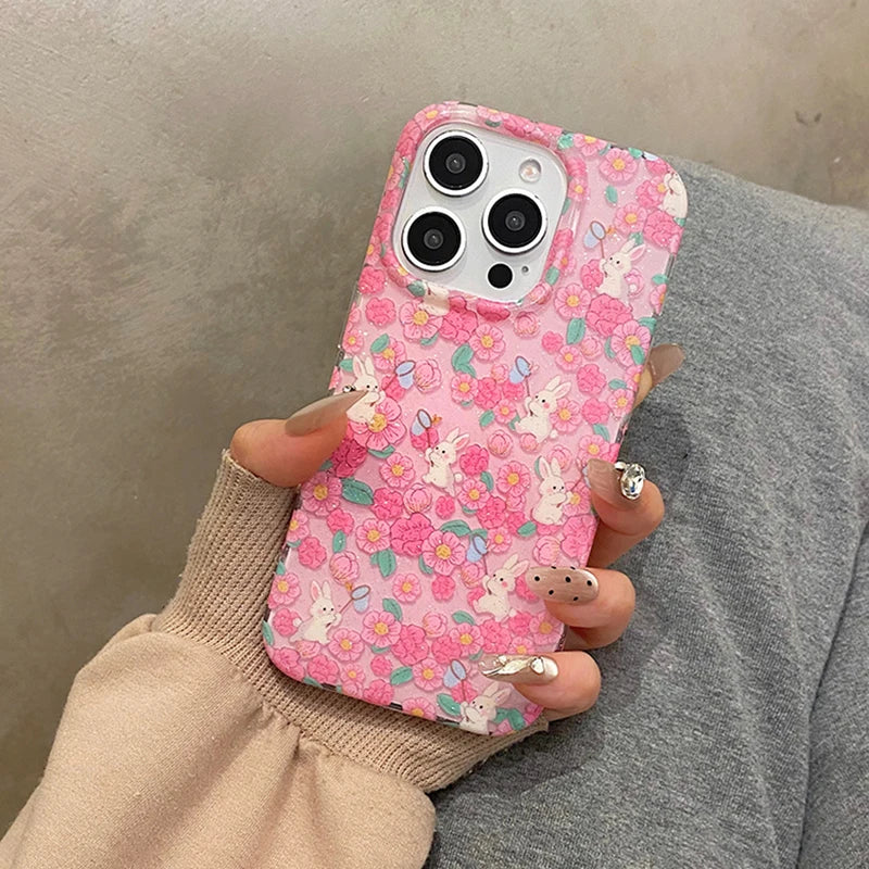 Stylish Colorful Flowers Cute Rabbit Glitter Phone Case
