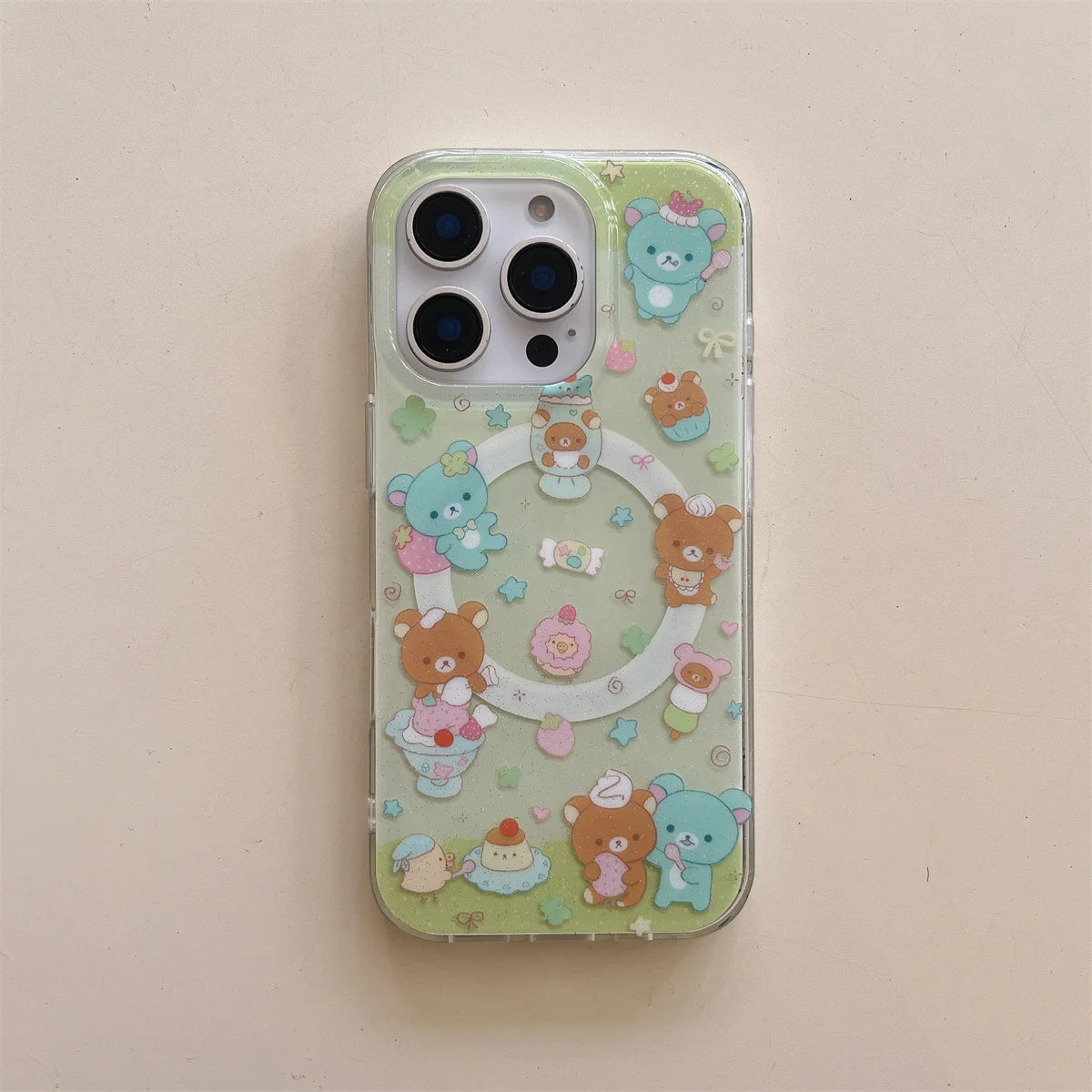 Magnetic Shell With Painted Four Leaf Clover Bear Phone Case and Rotating Magnetic Bracket For iPhone