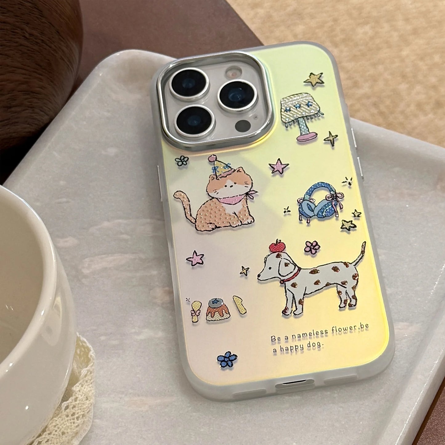 Korean Cartoon Puppy Kitten Laser Plating Phone Case For iPhone