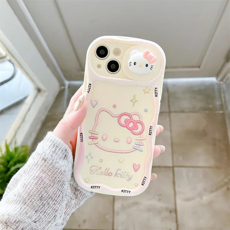 Kawaii Cartoon 3D Ears Hello Kitty Wavy Sliding Camera With Holder Phone Case For iPhone