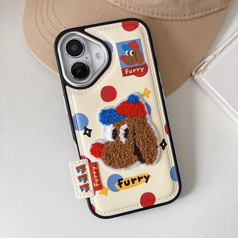 Cute Cartoon Embroidery Bear Dog Leather Phone Case