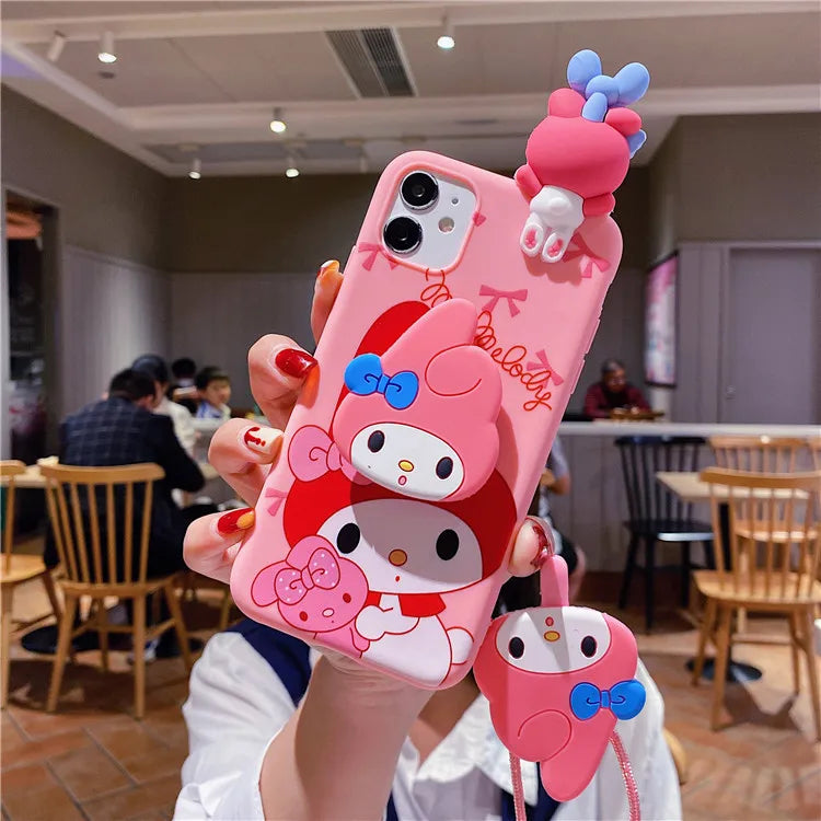3D Cartoon My Melody Hello Kitty Holder Lanyard Phone Case For iPhone
