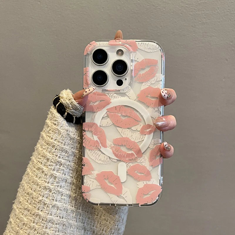 Fashion Pink Lip Print Magnetic Wireless Charing Phone Case