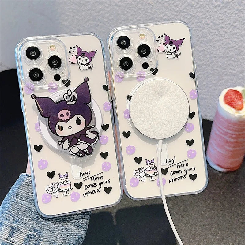 Korean Cute Cartoon Kuromi With Holder Magsafe Magnetic Phone Case For iPhone