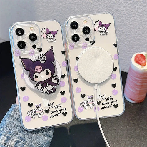 Korean Cute Cartoon Kuromi With Holder Magsafe Magnetic Phone Case For iPhone