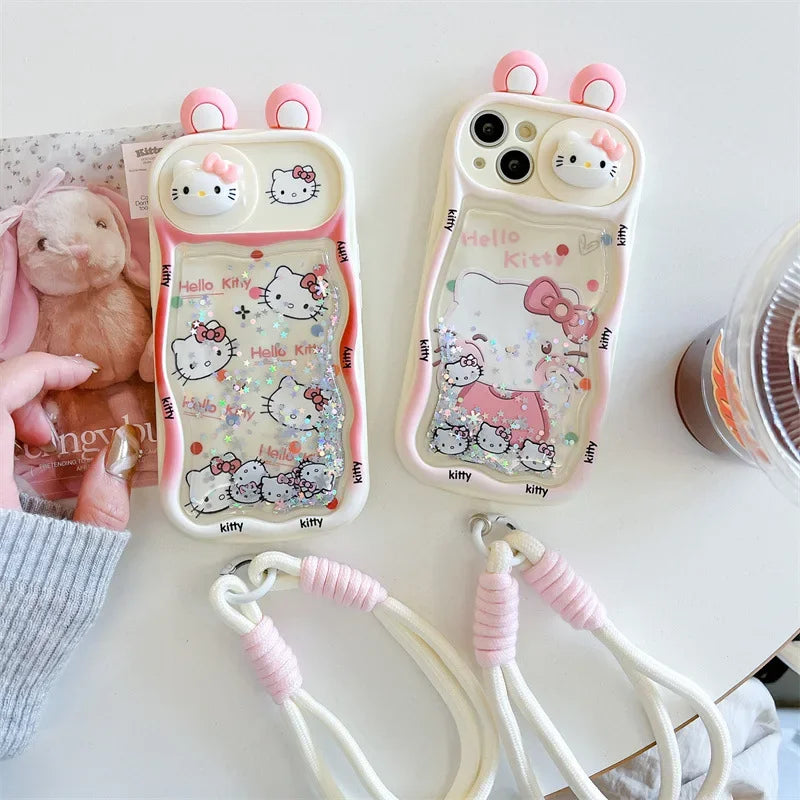 Kawaii Cartoon 3D Ears Quicksand Hello Kitty With Wrist Strap Phone Case For iPhone