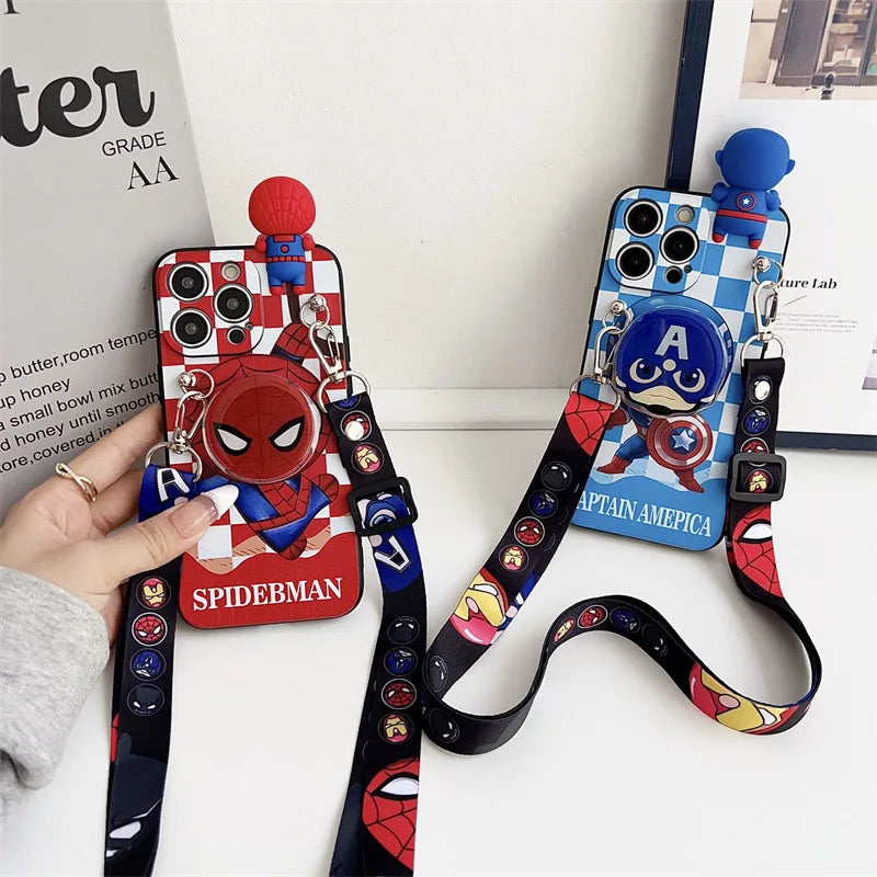 Cartoon 3D Spiderman Plaid Phone Case With Holder Lanyard For iPhone