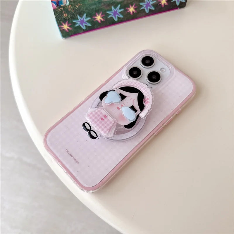 Korean Pink Cute Plaid Pattern Magnetic Phone Case For iPhone