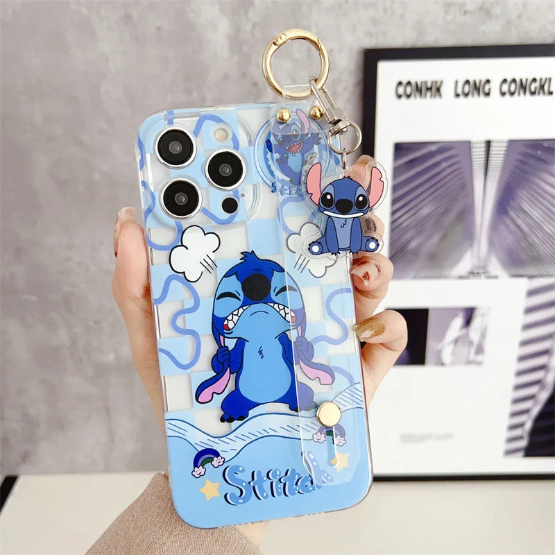 Cute Cartoon Stitch Couple Phone Case With Clear Strap Lanyard For iPhone
