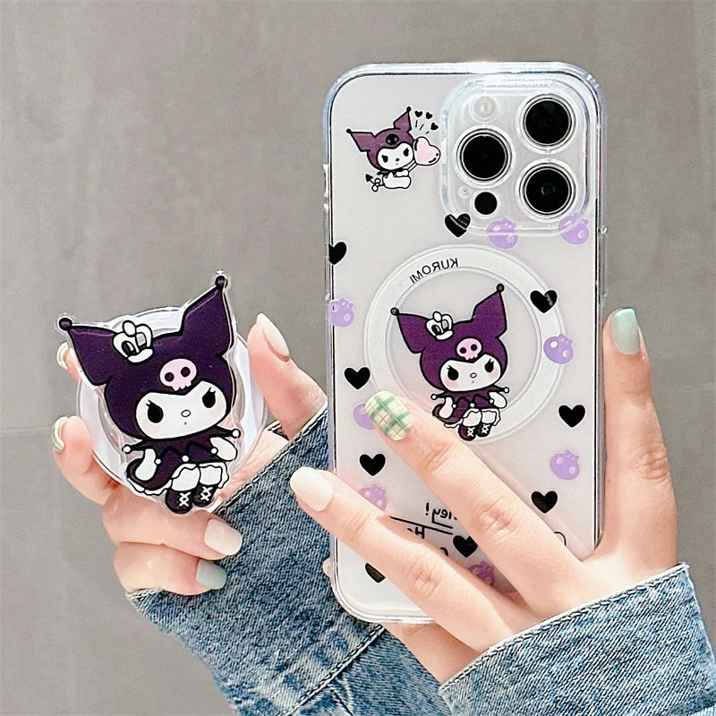 Korean Cute Cartoon Kuromi With Holder Magsafe Magnetic Phone Case For iPhone