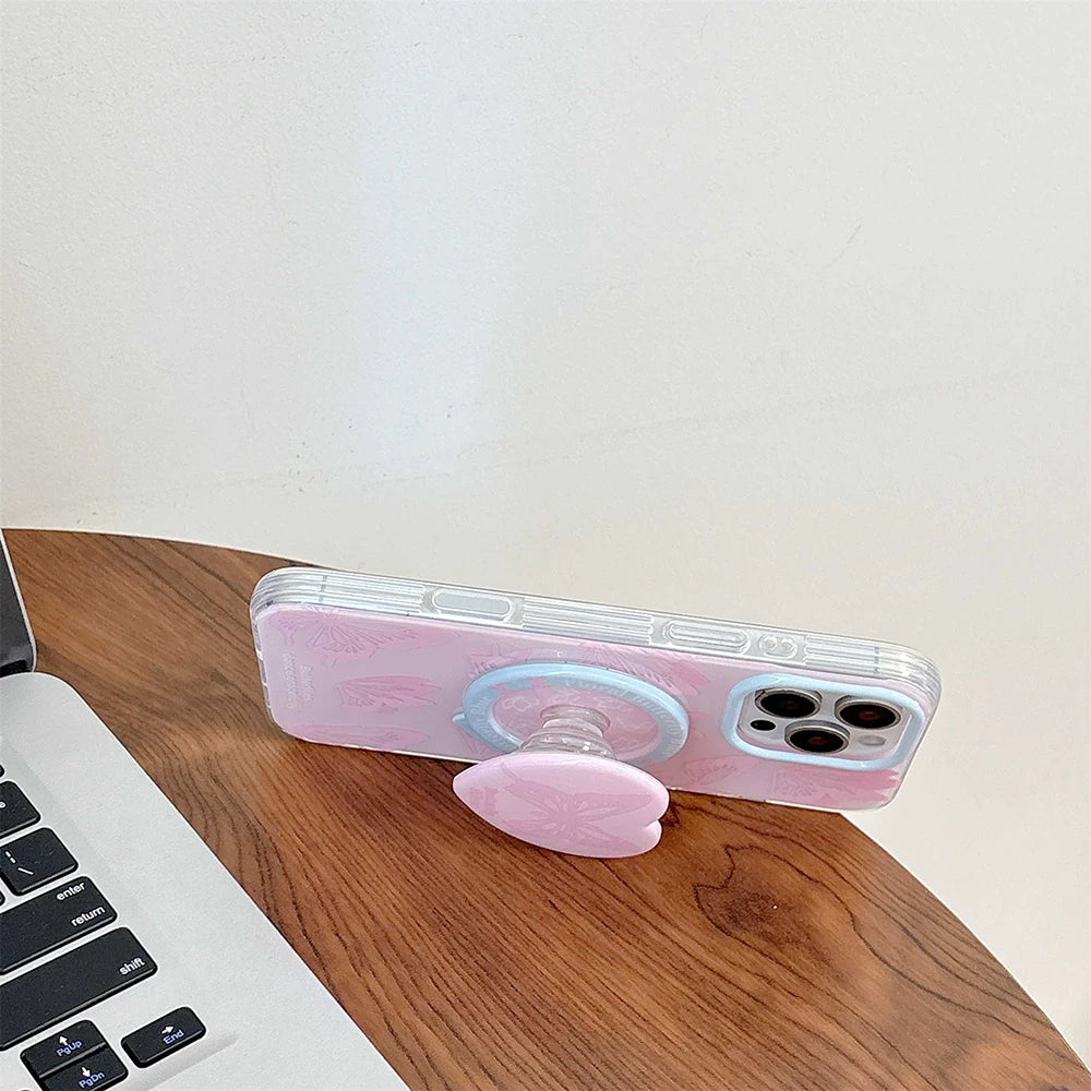 Cute Pink Butterfly Magnetic Grip Tok Stand Holder Phone Case