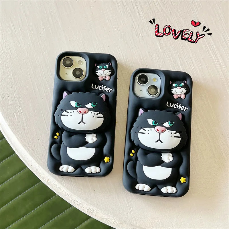 3D Cute Cartoon Cat Telescopic Bracket Soft Silicone Phone Case For iPhone
