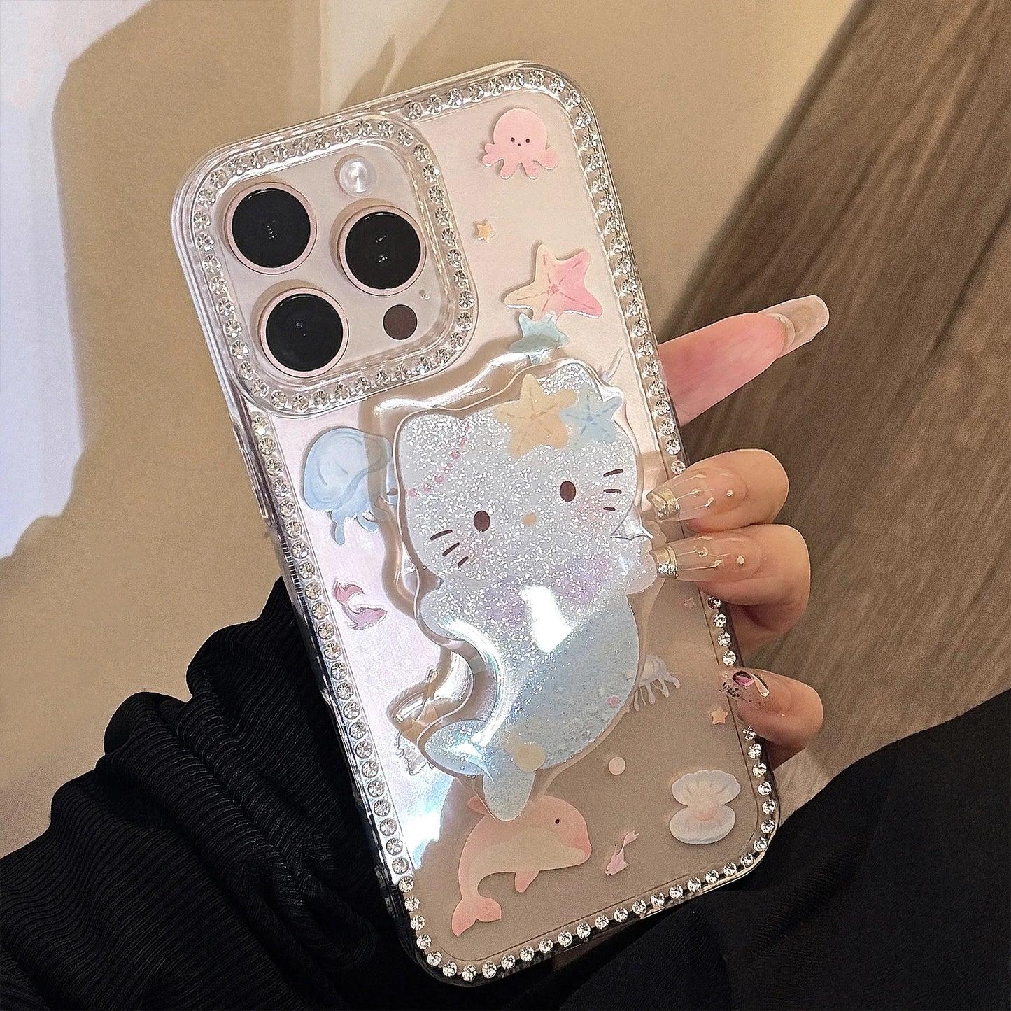 Summer Marine Mermaid Hello Kitty Glitter Bracket Phone Case For iPhone