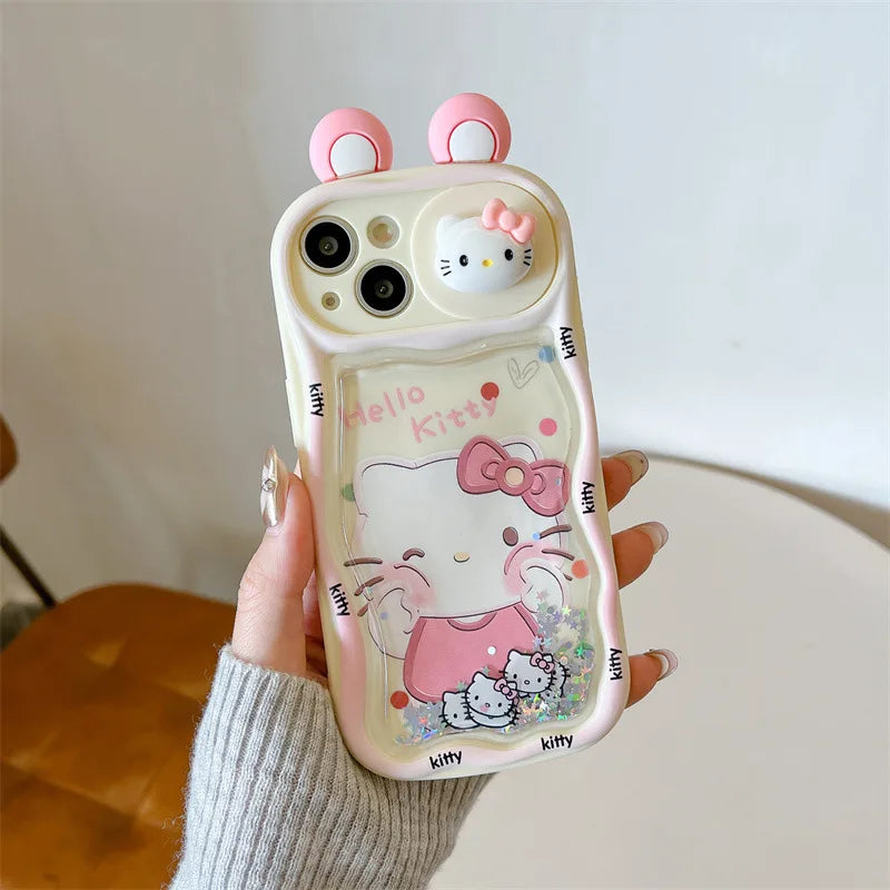 Kawaii Cartoon 3D Ears Quicksand Hello Kitty With Wrist Strap Phone Case For iPhone