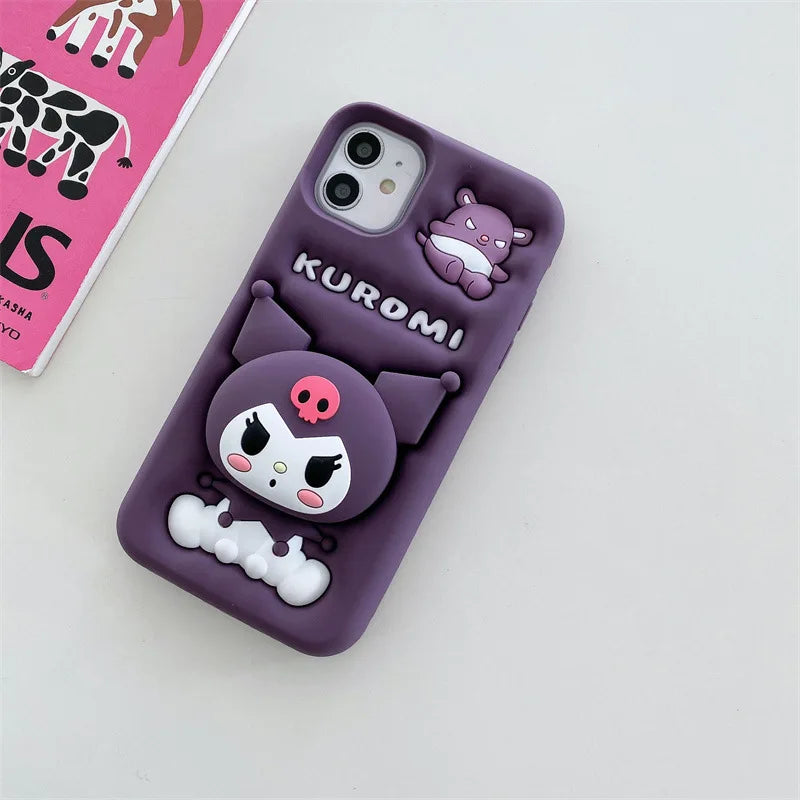 Kawaii 3D Cartoon Kuromi Telescopic Bracket Phone Case For iPhone