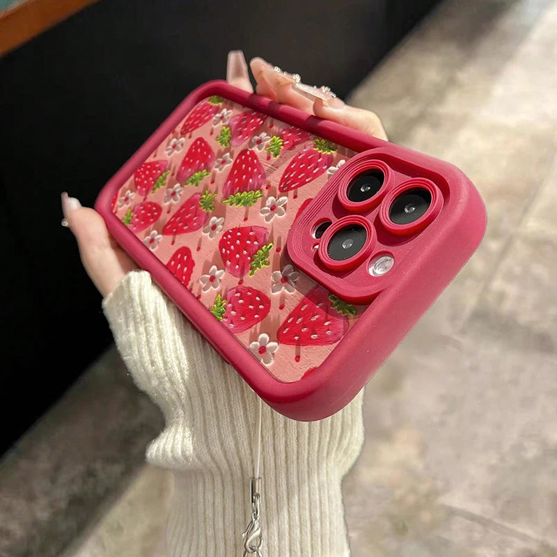Flower Strawberry Painting Pendant Chain Phone Case For iPhone