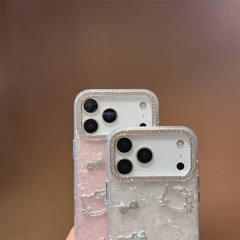 Luxury Glitter Rhinestone Camera Border 3D Hello Kitty Bowknot Shell Pattern Phone Case For iPhone