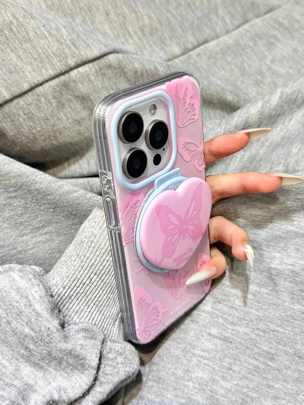 Cute Pink Butterfly Magnetic Grip Tok Stand Holder Phone Case