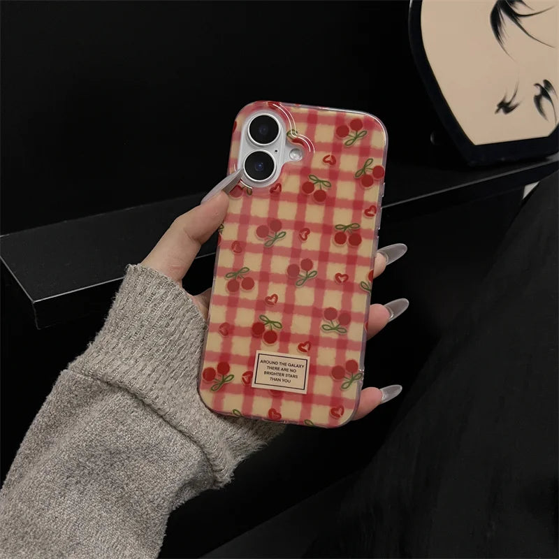 Korean Fashion Cherry Grid Pattern Phone Case